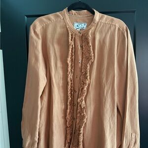 Anthropologie Pilcro Button Down Ruffle Placket Shirt Size M Linen Brown Honey